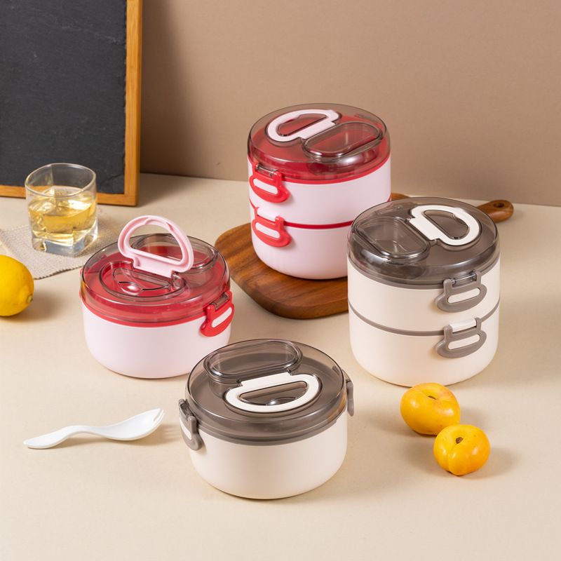 Minimalist Student Double-Layer Round Stainless Steel Lunch Box Office Worker Lunch Bento Box Microwave Safe Heating with Handle