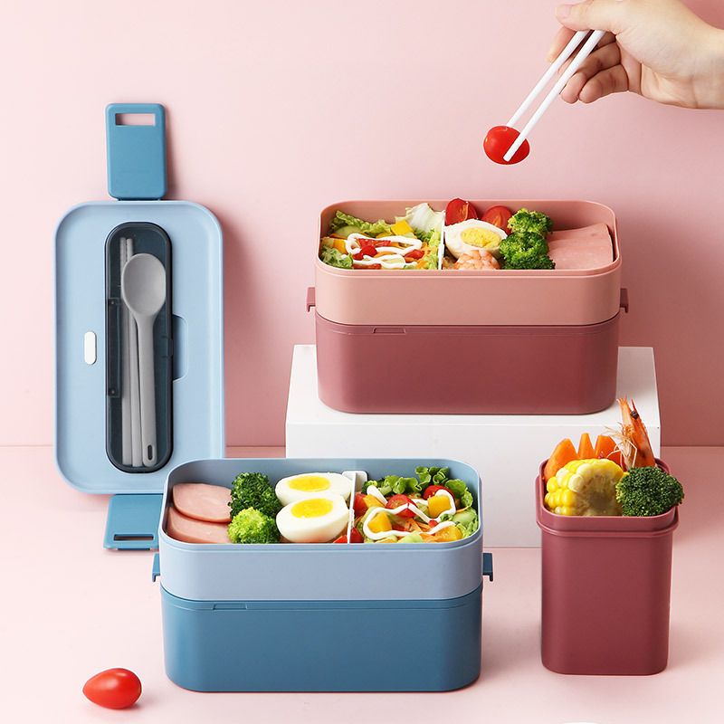 Student Japanese Style Double-Layer Lunch Box Microwave Heating Office Worker Portable Compartment Lunch Bento Box with Spoon and Chopsticks