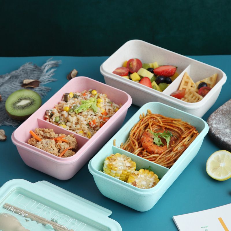 Japanese Style Wheat Straw Student Compartment Lunch Box Office Worker Bento Box Microwave Safe Lunch Box with Spoon and Chopsticks