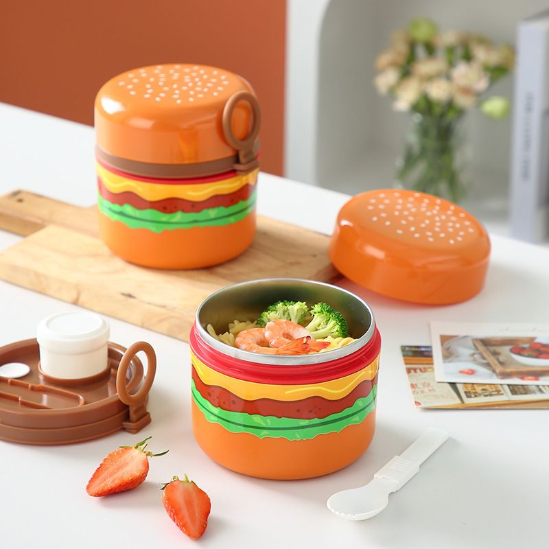 Creative Burger Shape Student Round Lunch Box with Handle Tableware Kids Cute Bento Box Portable Food Container