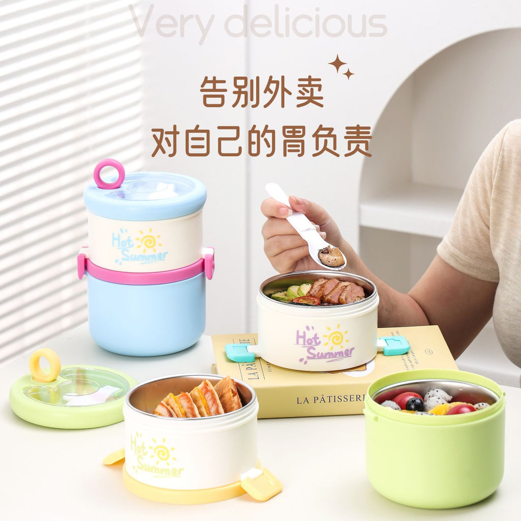 Student Fresh 304 Stainless Steel Double-Layer Round Bucket Lunch Box Office Worker Lunch Bento Box Food Container