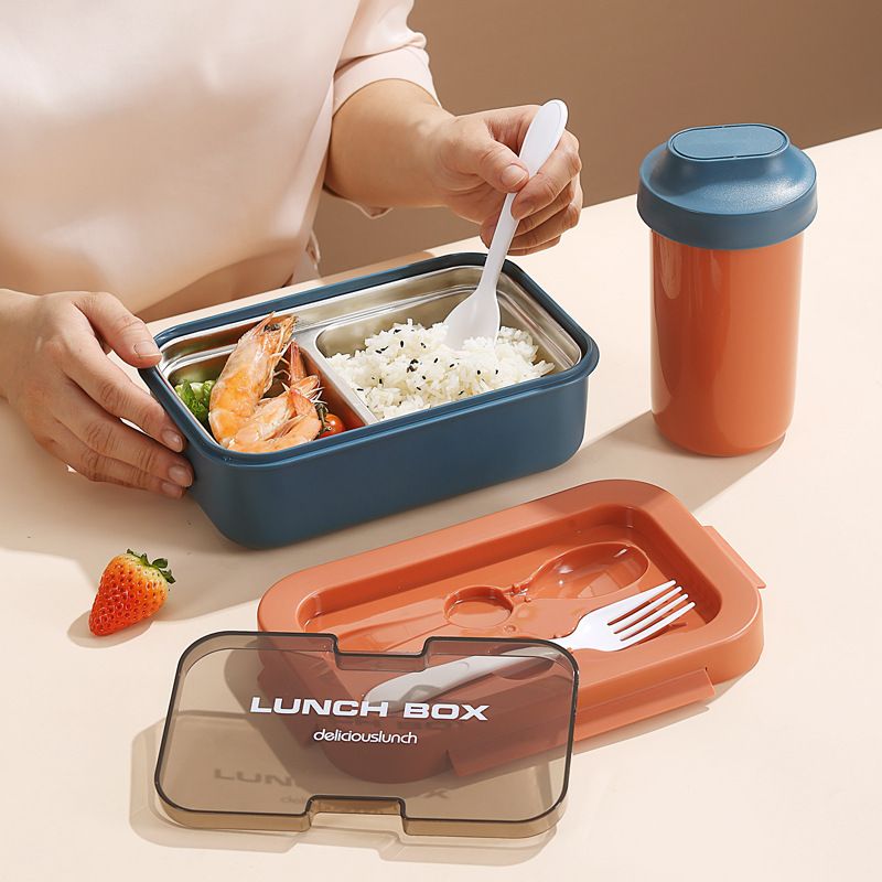 Minimalist Student PP Plastic Double-Layer Compartment Lunch Box 304 Stainless Steel Lunch Bento Box Travel Picnic