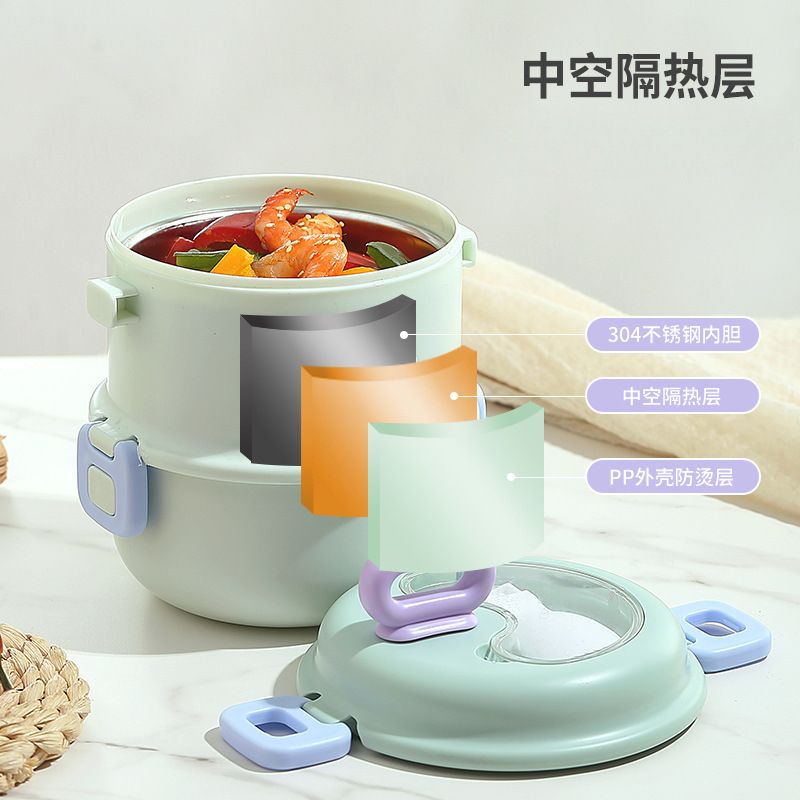 Student Fresh 304 Stainless Steel Round Bucket Double-Layer Lunch Box Office Worker Portable Porridge Jar Lunch Bento Box
