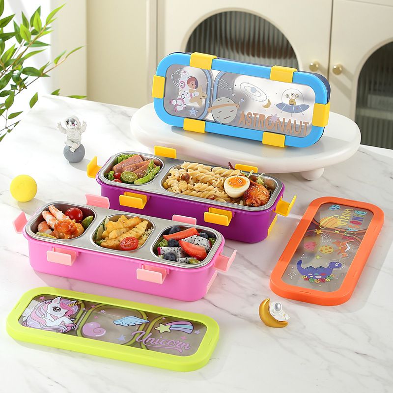 Student Cartoon 304 Stainless Steel Compartment Lunch Box Kids Meal Prep Cafeteria Takeout Bento Box Food Container