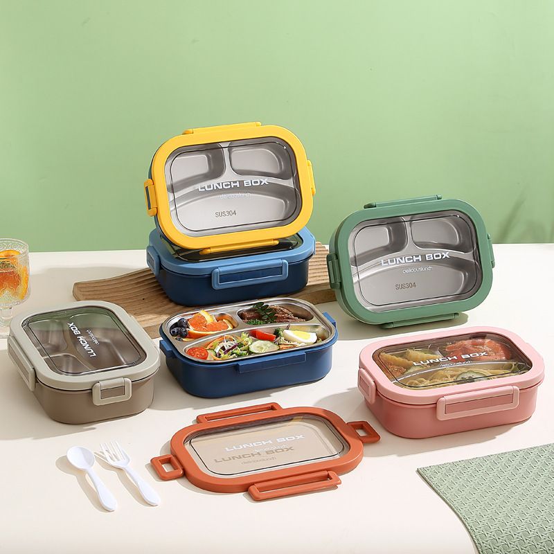 Minimalist Office Worker 304 Stainless Steel Compartment Lunch Box Student Dorm Takeout Food Container Lunch Bento Box with Spoon and Fork