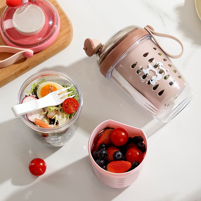 Minimalist Student Double-Layer Draining Salad Cup Stylish Girls Oatmeal Cup Outdoor Picnic Fruit Cup