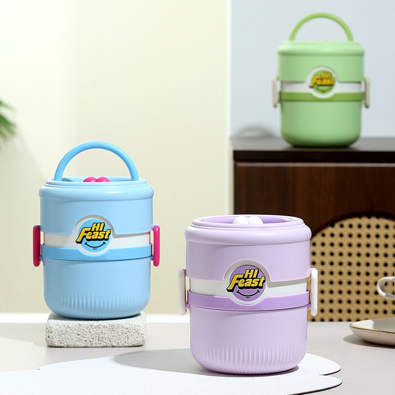 Student Portable Round Stainless Steel Lunch Box Office Worker Double-Layer Lunch Bento Box with Lid Cafeteria Food Container