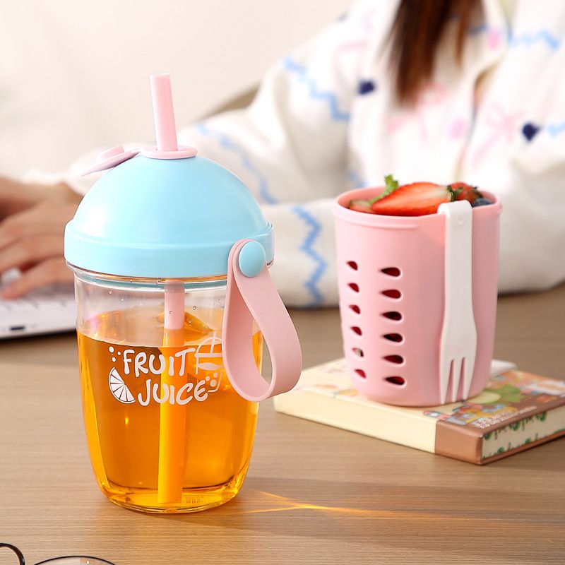 Stylish Student Draining Fruit Salad Cup Minimalist Plastic Straw Cup Portable Milk Cup