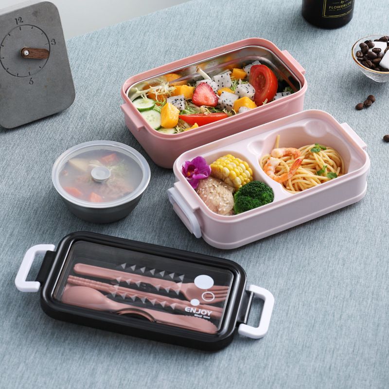 Stainless Steel Double-Layer Lunch Box Office Worker Lunch Box Compartment Soup Bowl with Cutlery Water-Fillable Portable Bento Box