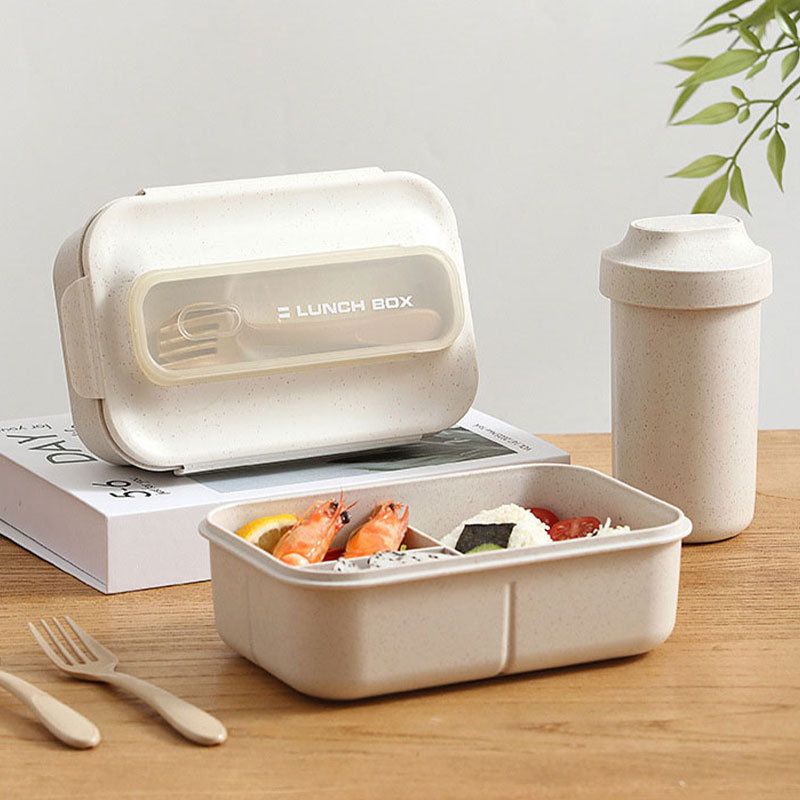 Office Worker Wheat Straw Compartment Lunch Box with Spoon and Fork Student Japanese Style Lunch Bento Box Water Cup Set