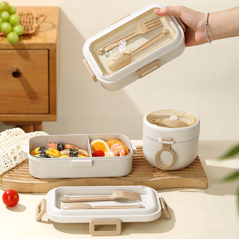 Student Wheat Lunch Box Microwave Safe Heating Office Worker Lunch Bento Box with Cutlery Soup Cup Set