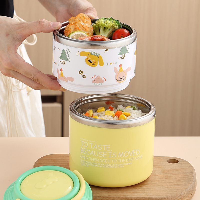 Student Creative Cartoon Double-Layer 304 Stainless Steel Round Bucket Lunch Box Kids Lunch Bento Box Portable Food Container