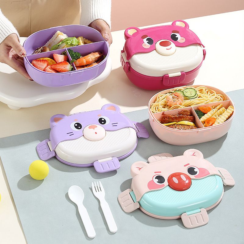 Student Cartoon Compartment Double-Layer Lunch Box with Cutlery Kids Portable Lunch Bento Box Travel Food Container