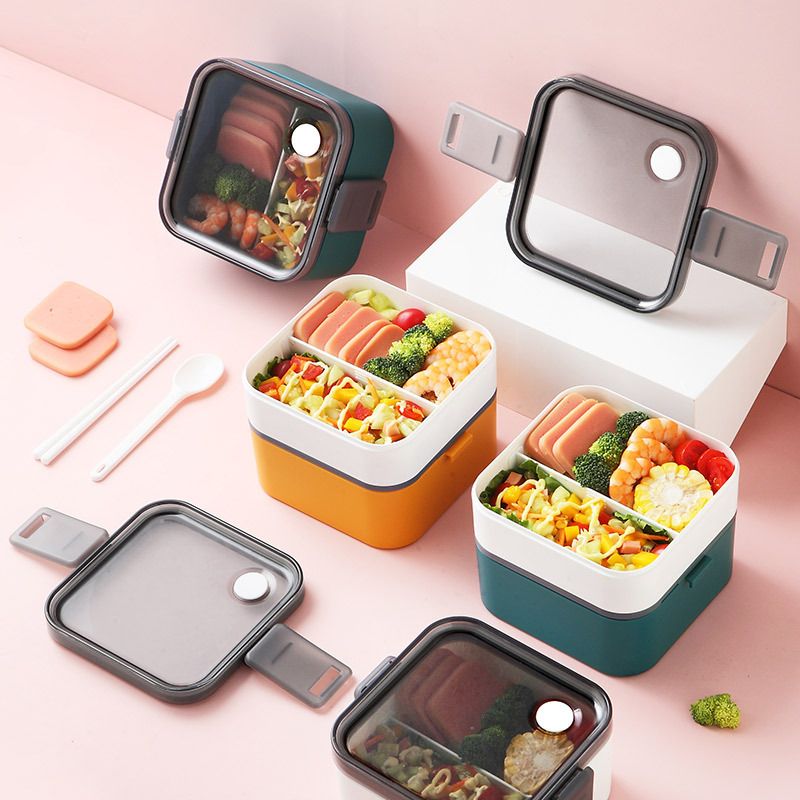 Student Japanese Style Square Double-Layer Plastic Lunch Box Microwave Safe Office Worker Lunch Bento Box Light Food Container