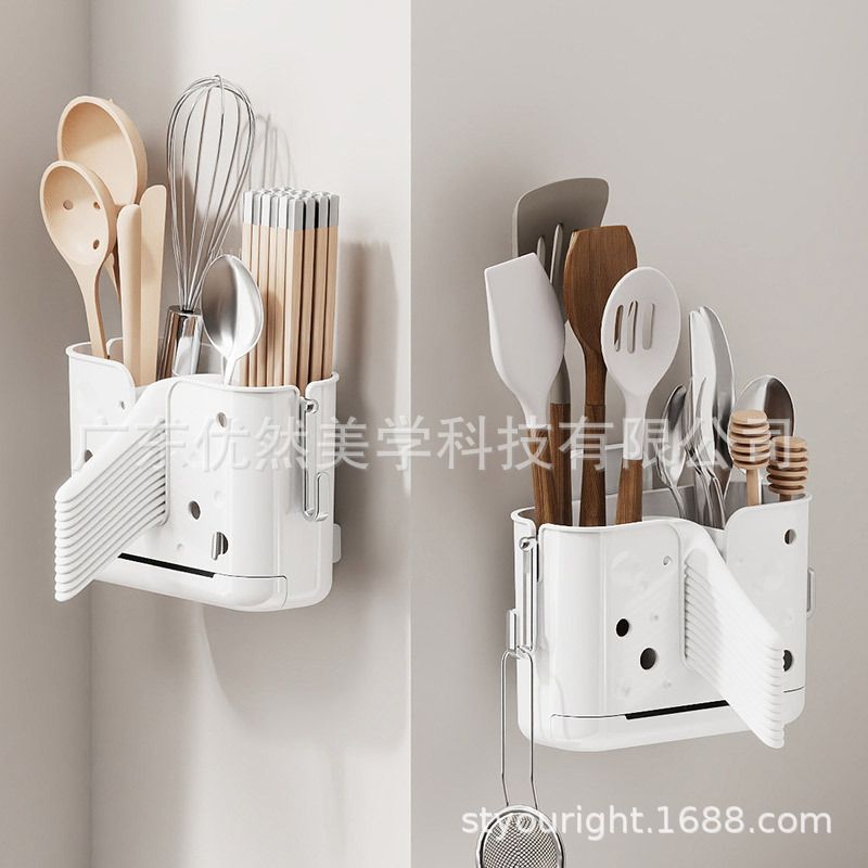 Home Kitchen Wall-Mounted Chopstick Storage Box No-Drill Spoon Knife Rack Chopstick Cage Integrated Storage Organizer Rack