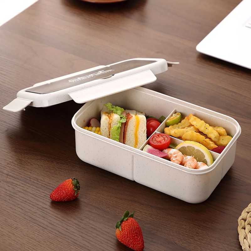 Minimalist Student Japanese Style Compartment Plastic PP Lunch Box Office Worker Cafeteria Takeout Lunch Bento Box with Lid Spoon and Fork