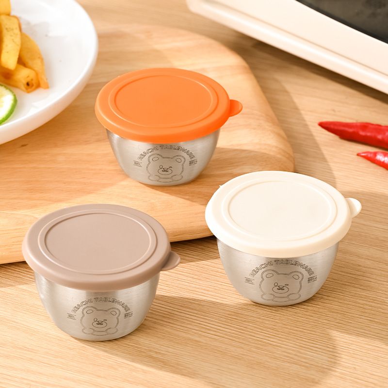 Home Kitchen 304 Stainless Steel Dipping Sauce Box Cartoon Little Bear Round Small Dish with Lid Salad Dressing Cup