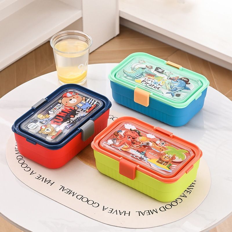 INS Style Plastic Bento Box Student Cartoon Compartment Lunch Box with Spoon and Fork Microwave Safe Lunch Box