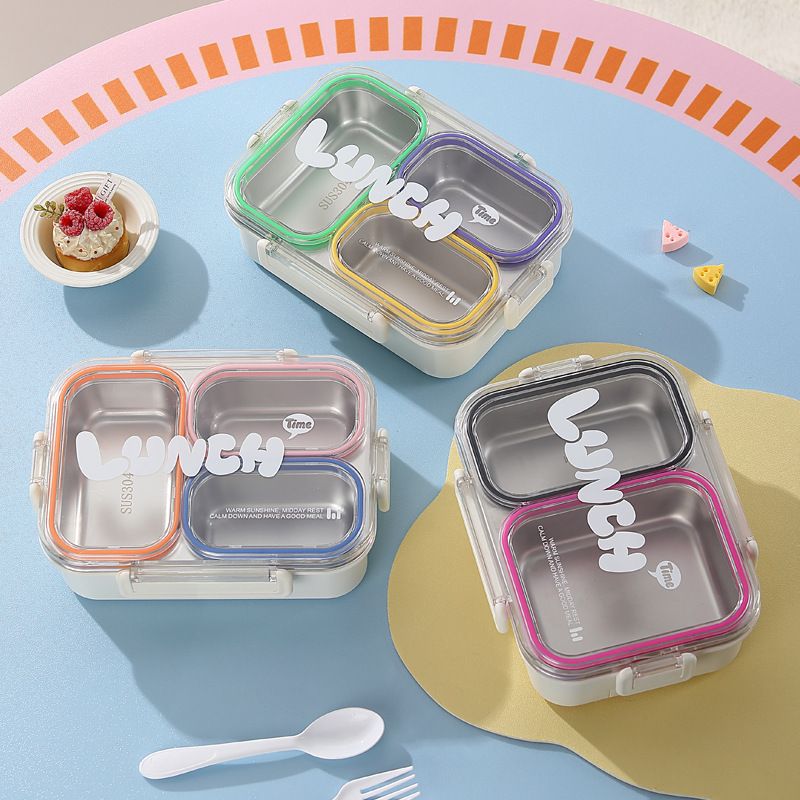 Stylish 304 Stainless Steel Student Compartment Lunch Box Office Worker Lunch Bento Box with Cutlery Food Container