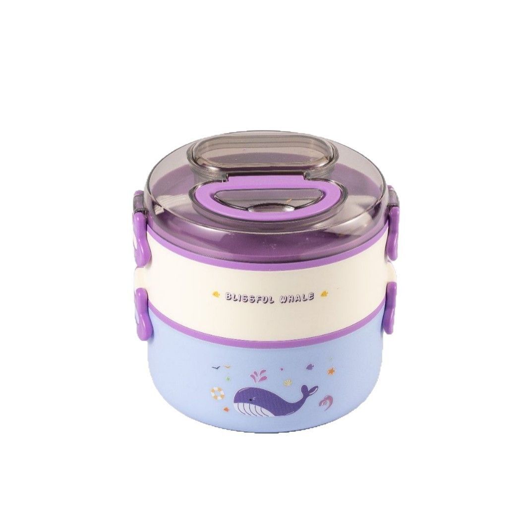 Student Round Bucket Cartoon Plastic Lunch Box with Cutlery Kids Portable Outdoor Food Container Lunch Bento Box