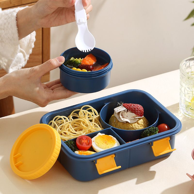 Student Cartoon Compartment Plastic Lunch Box Soup Bowl Office Worker Microwave Safe Lunch Bento Box with Cutlery