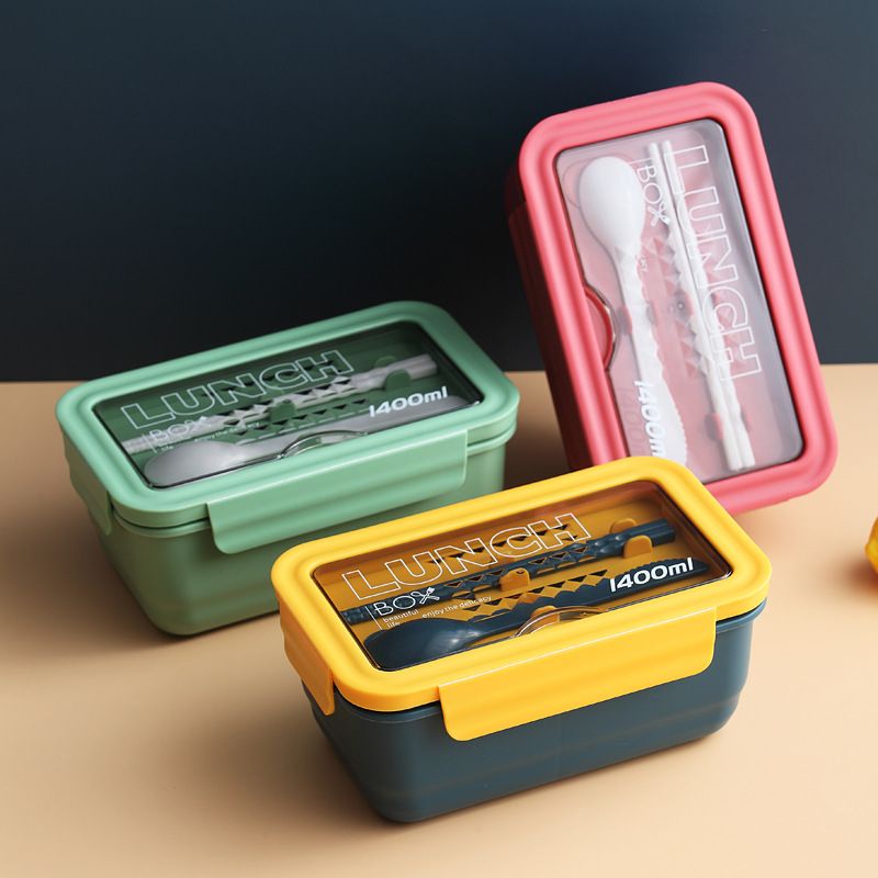 New Student Japanese Style Compartment Bento Box Microwave Safe Plastic Compartment Lunch Box Large Capacity with Cutlery Spoon and Chopsticks