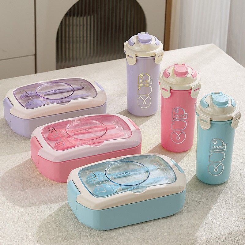 Plastic Office Worker Portable Compartment Lunch Box Microwave Safe Heating Student Minimalist Lunch Box and Water Cup Set