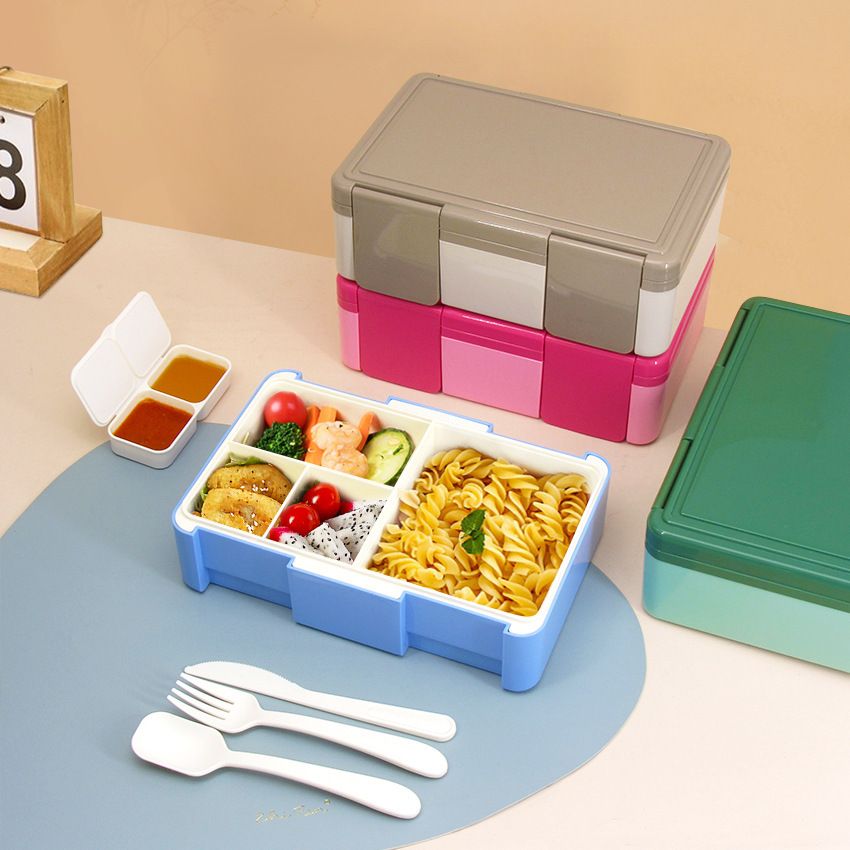 Minimalist Student Compartment Plastic Lunch Box Office Worker Lunch Bento Box Microwave Safe with Spoon and Fork Tableware