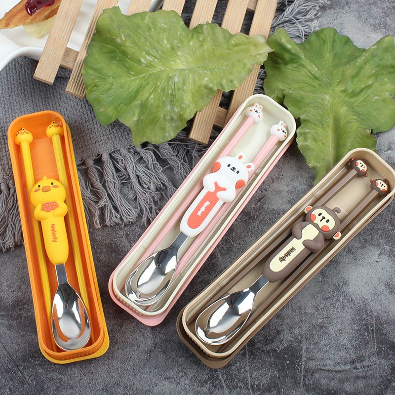 Cartoon Rabbit 304 Stainless Steel Kids Tableware Set Student Travel Portable Spoon and Chopsticks 2-Piece Set Gift Logo