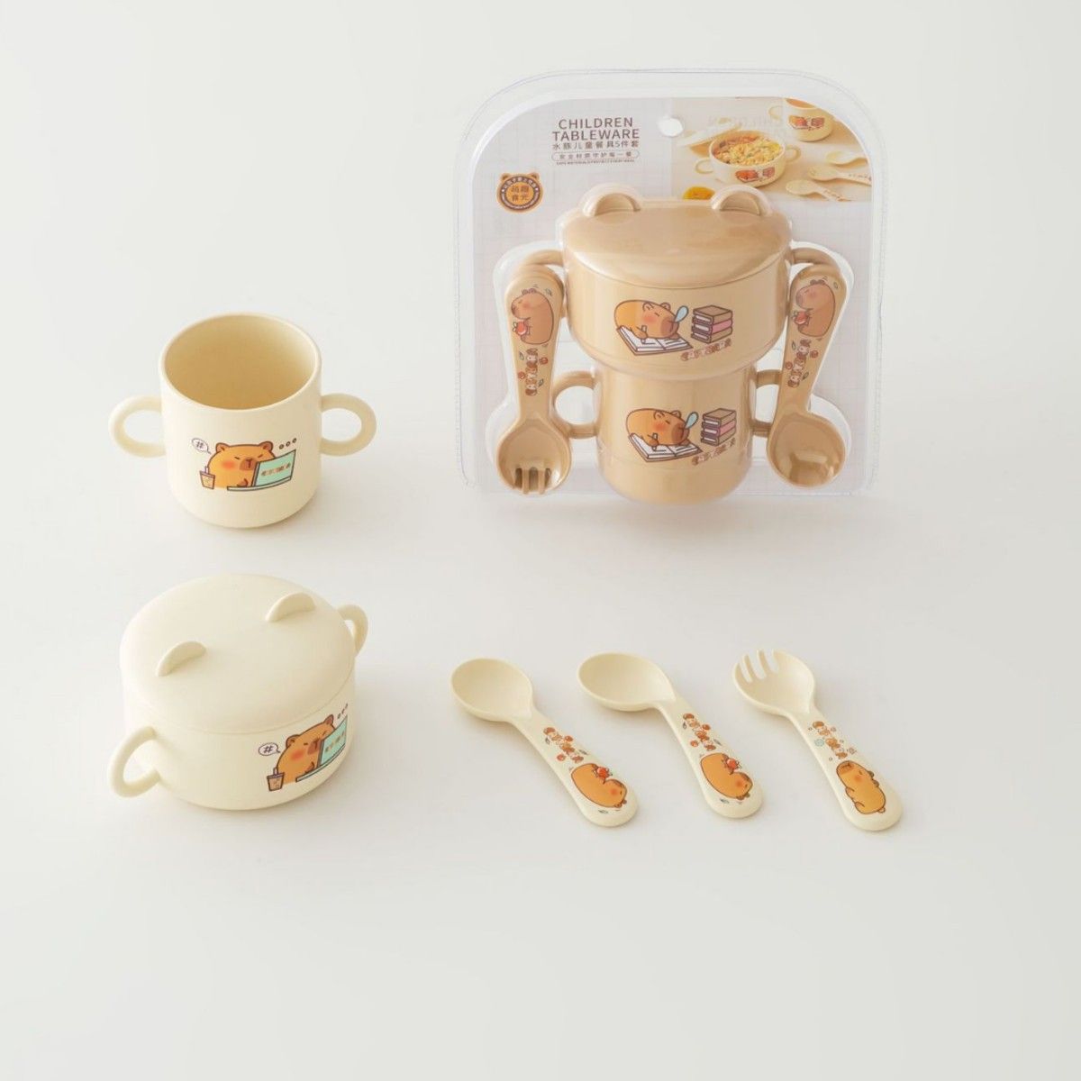 Cartoon Kids Eating Bowl Tableware Set Capybara Baby Kindergarten 5 pcs Set with Cutlery