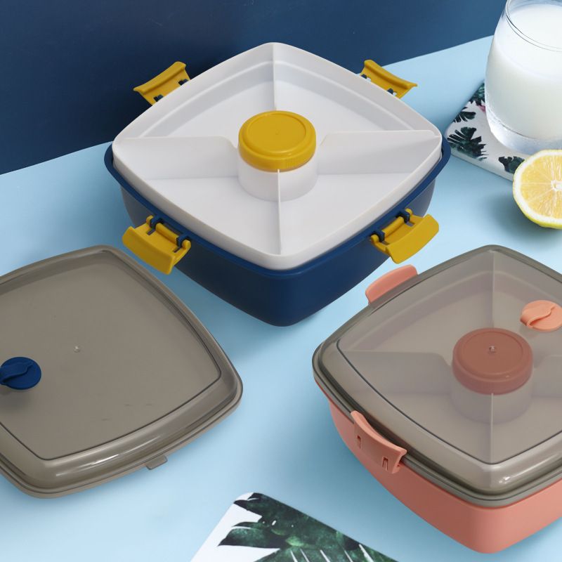 Creative Student Compartment Lunch Box with Spoon and Fork Adult Bento Lunch Box Large Capacity Sauce Jar Microwave Safe