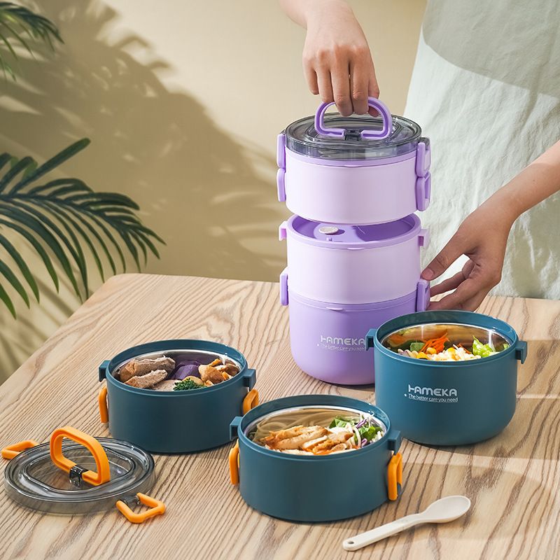 Office Worker 304 Stainless Steel Large Capacity Round Portable Lunch Box Multi-Layer Lunch Box Bucket Bento Box
