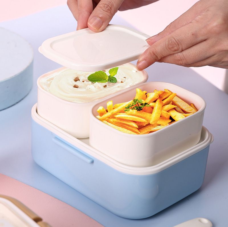 Student Minimalist Double-Layer Square Lunch Box Microwave Safe Lunch Bento Box with Lid Tableware Buckle Small Food Container
