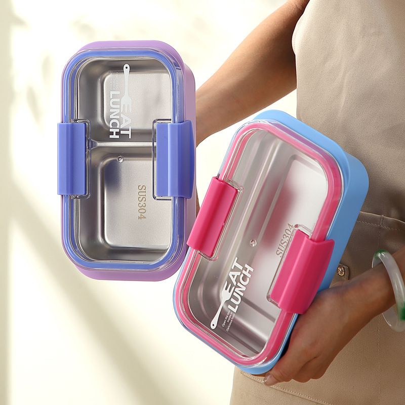 Minimalist Student 304 Stainless Steel Compartment Lunch Box Student Lunch Bento Box with Spoon and Fork Dorm Takeout Food Container