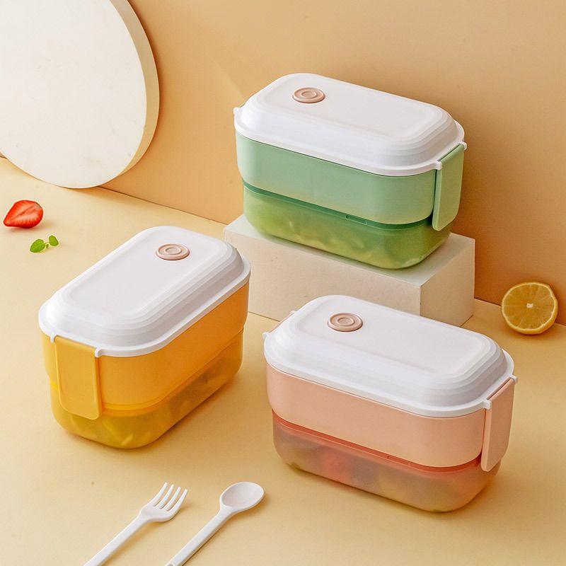 Student Minimalist Double-Layer Buckle Compartment Lunch Box Office Worker Lunch Bento Box Spoon and Fork Portable Food Container