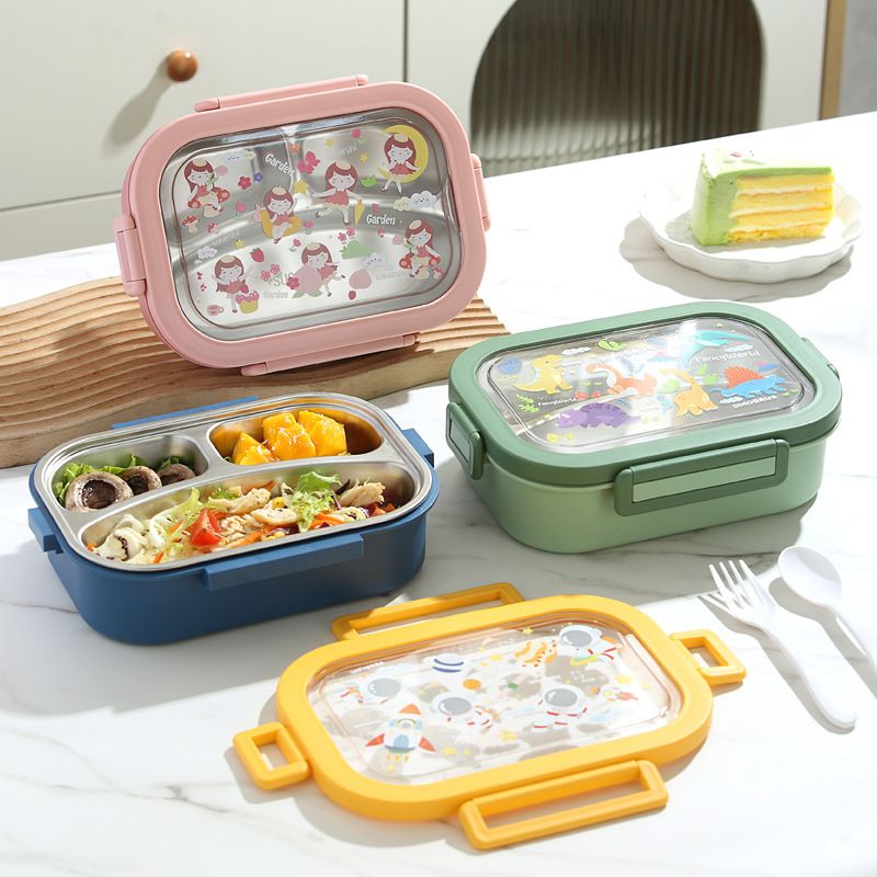 Student Cartoon 304 Stainless Steel Compartment Lunch Box with Lid Office Worker Portable Lunch Bento Box Travel Food Container