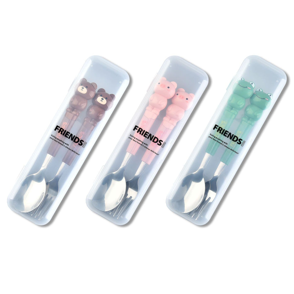 Cartoon Little Bear Frog Stainless Steel Tableware Set Student Spoon and Fork Set 2-Piece Set Storage Portable Travel