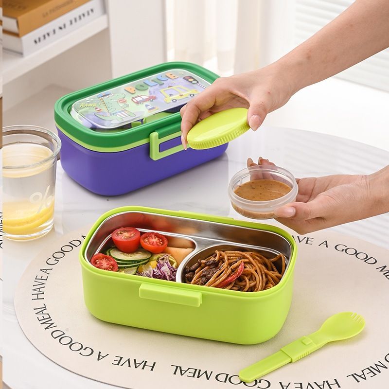Cartoon 304 Stainless Steel Student Compartment Lunch Box Office Worker Portable Cafeteria Takeout Lunch Bento Box with Cutlery