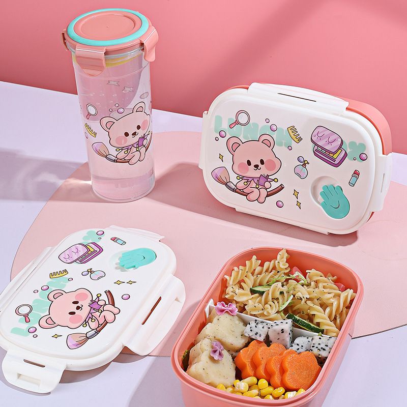 Cartoon Plastic Student Compartment Lunch Box Microwave Safe Kids Picnic Food Container Bento Box Water Cup Set