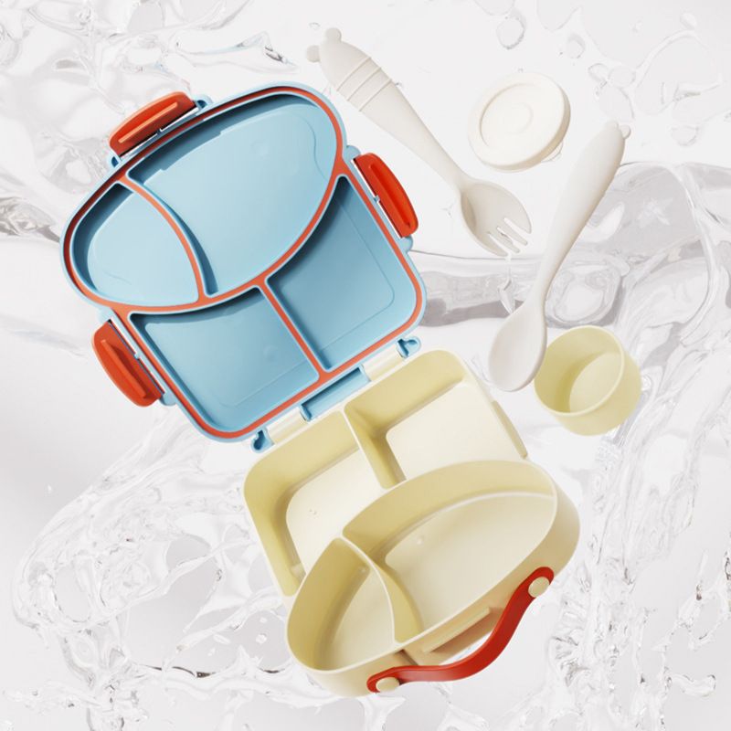 Cartoon Toast Shape Kids Compartment Lunch Box Student Lunch Bento Box Microwave Heating with Spoon and Fork Sauce Box