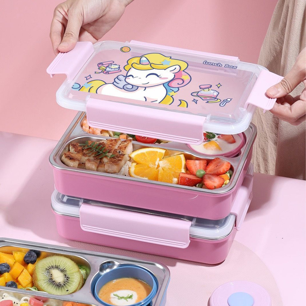 Cartoon 304 Stainless Steel Student Buckle Lunch Box with Lid Kids Compartment Lunch Bento Box Travel Food Container Spoon and Fork