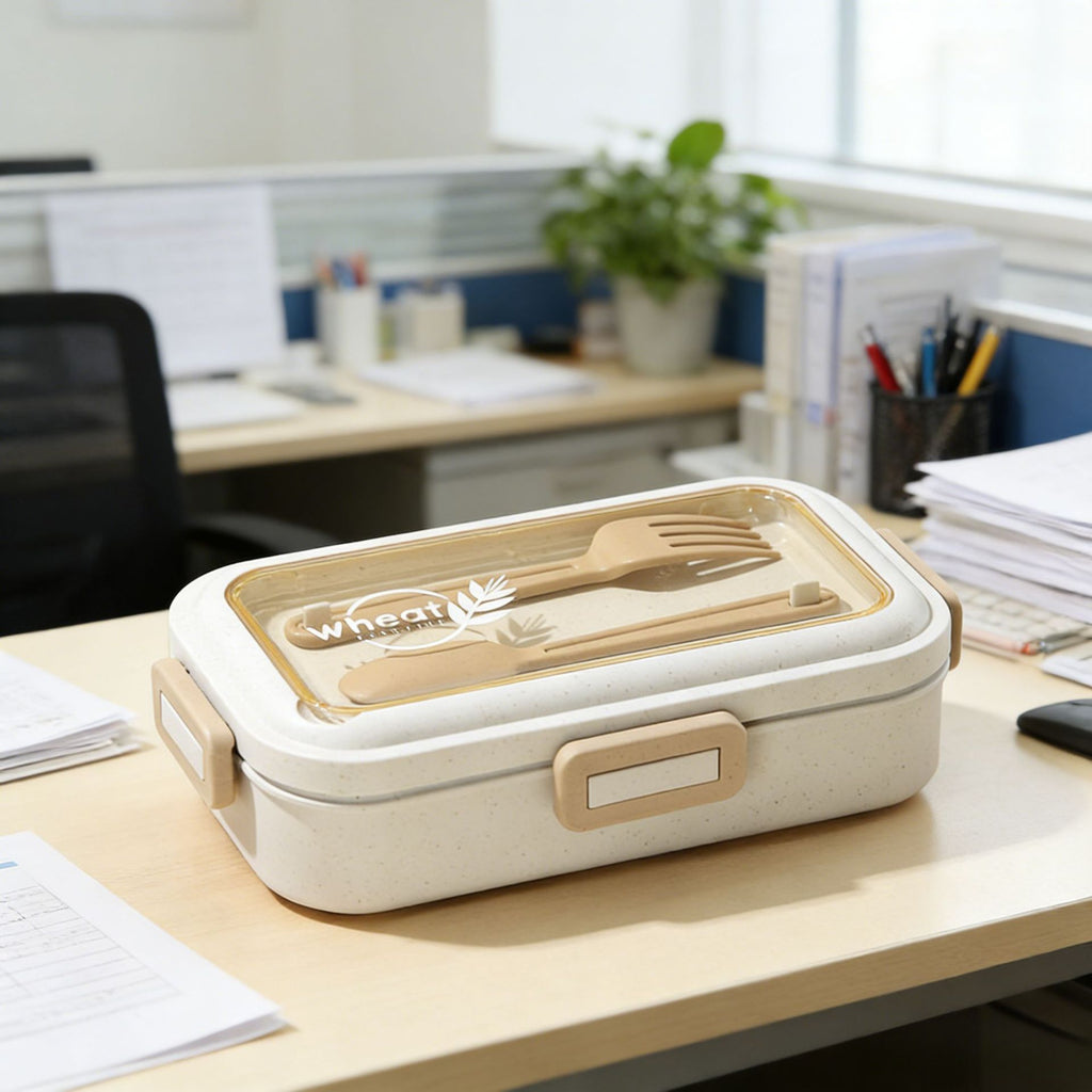 Student Wheat Lunch Box Microwave Safe Heating Office Worker Lunch Bento Box with Cutlery Soup Cup Set