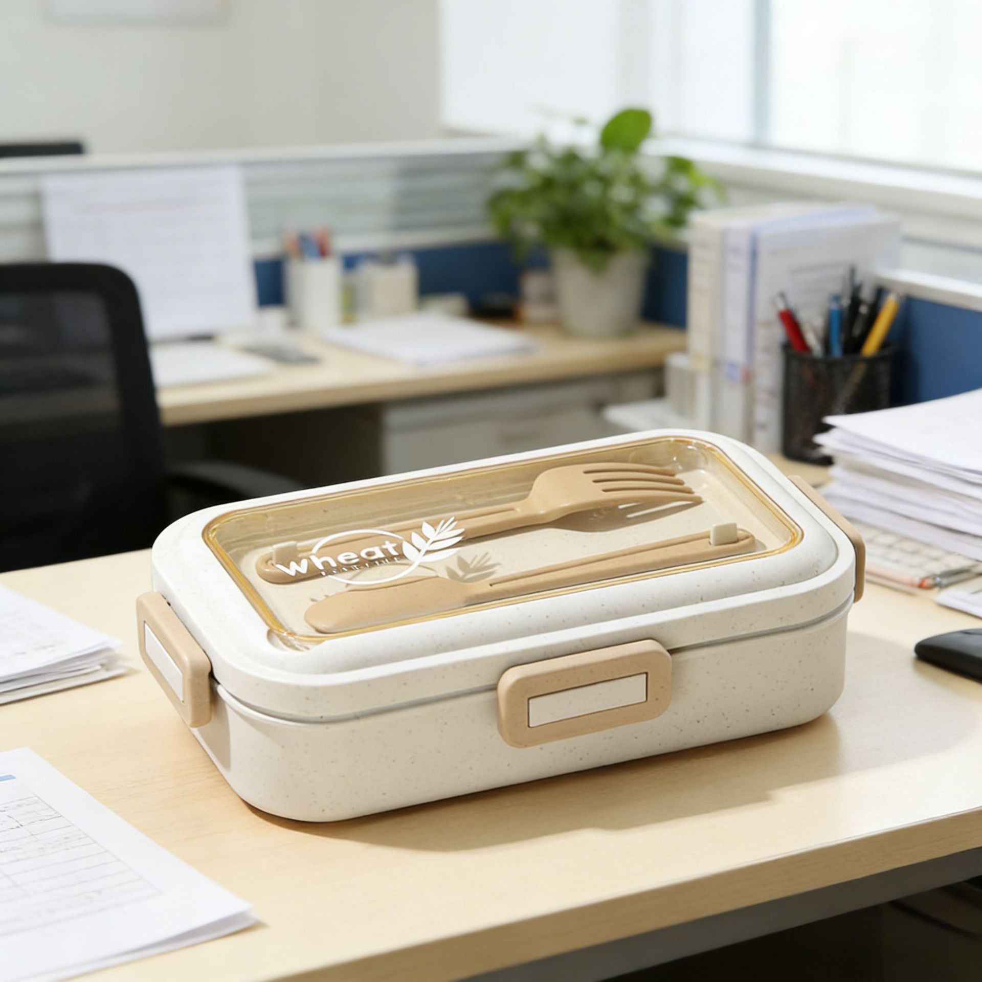 Student Wheat Lunch Box Microwave Safe Heating Office Worker Lunch Bento Box with Cutlery Soup Cup Set