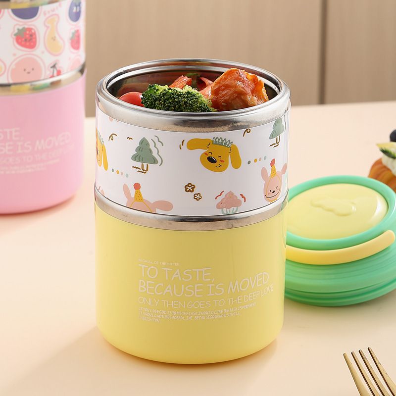 Student Creative Cartoon Double-Layer 304 Stainless Steel Round Bucket Lunch Box Kids Lunch Bento Box Portable Food Container