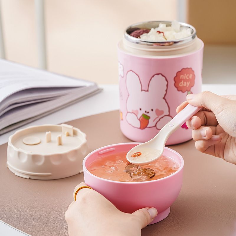 Creative Cartoon 304 Stainless Steel Tumbler Cup Student Breakfast Cup Office Worker Soup Cup and Porridge Jar with Spoon Bucket