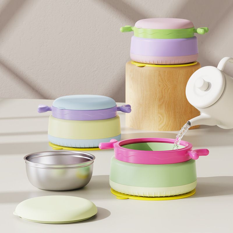 Kids Stylish 316 Stainless Steel Baby Food Bowl Baby Learning to Eat Water-Filled Bowl Suction Bowl with Lid Cute