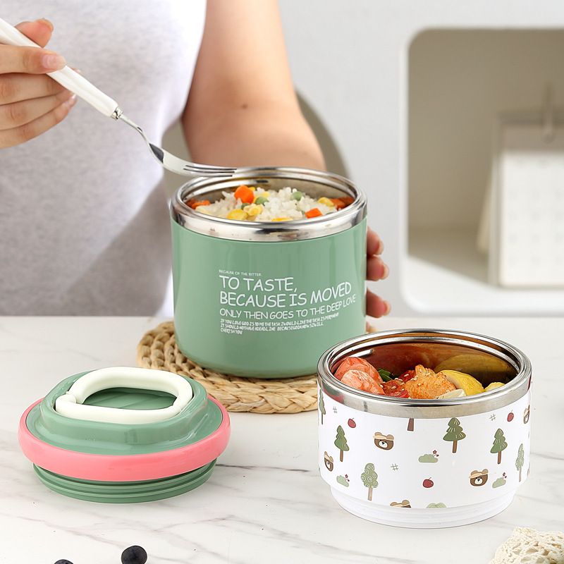 Student Minimalist Double-Layer 304 Stainless Steel Round Bucket Lunch Box Office Worker Lunch Bento Box Portable Food Container