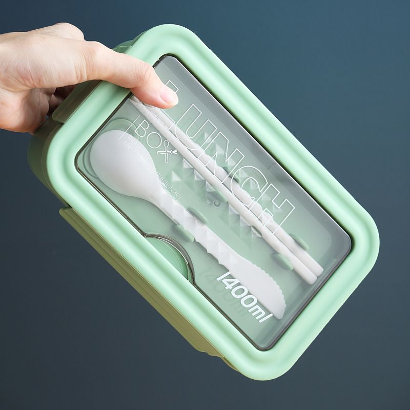 New Student Japanese Style Compartment Bento Box Microwave Safe Plastic Compartment Lunch Box Large Capacity with Cutlery Spoon and Chopsticks