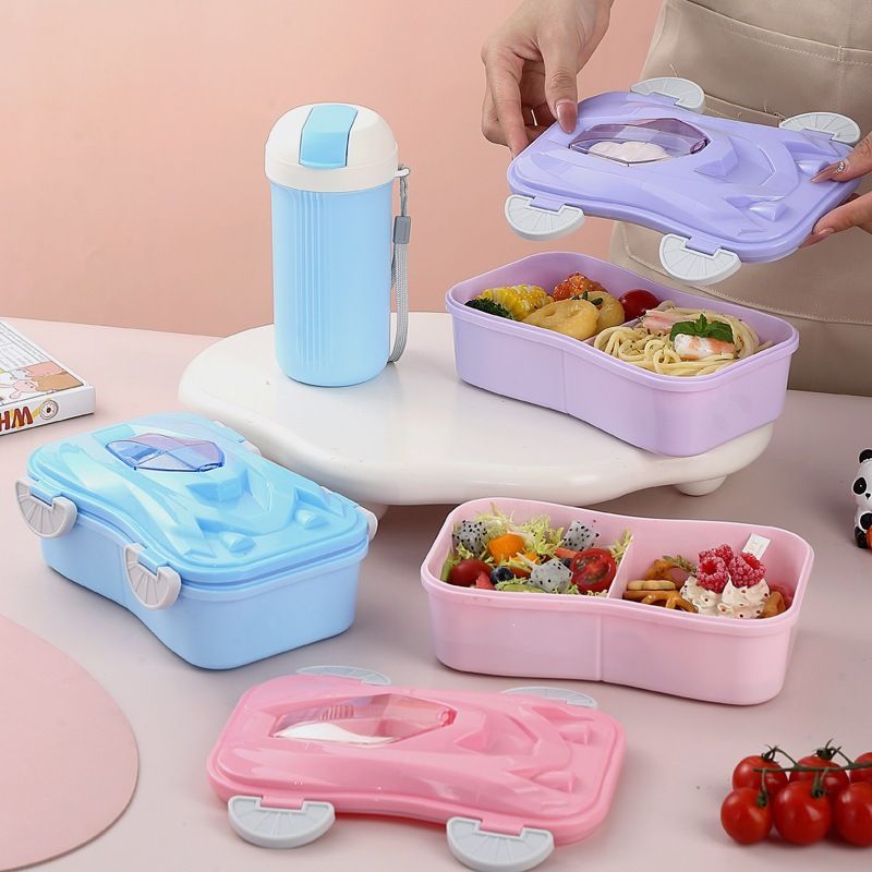 Cartoon Car Type Plastic Bento Box Student Compartment Lunch Box and Water Cup Set with Cutlery Office Worker Portable Food Container