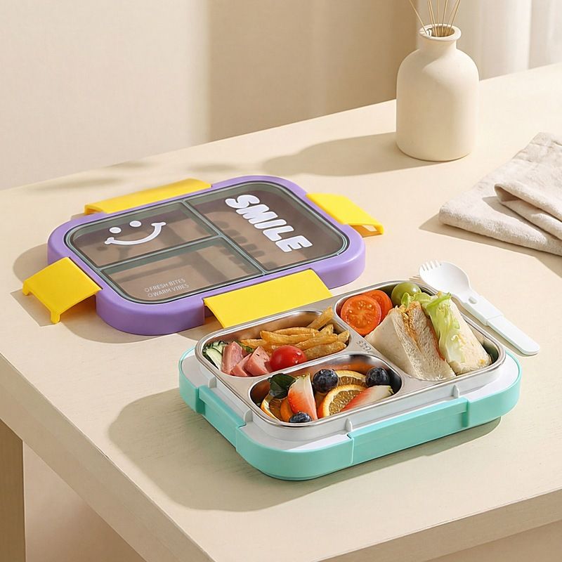 Minimalist 304 Stainless Steel Lunch Box Color Block Compartment Bento Box Student Cafeteria Takeout Food Container